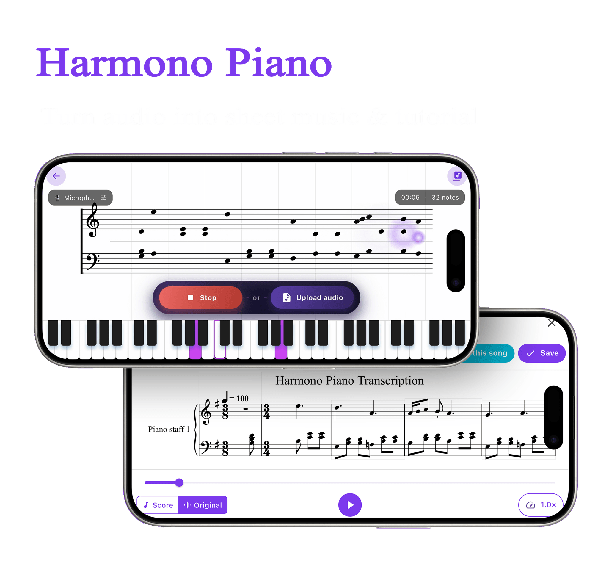 Harmono transcribing audio into sheet music and a play-along tutorial