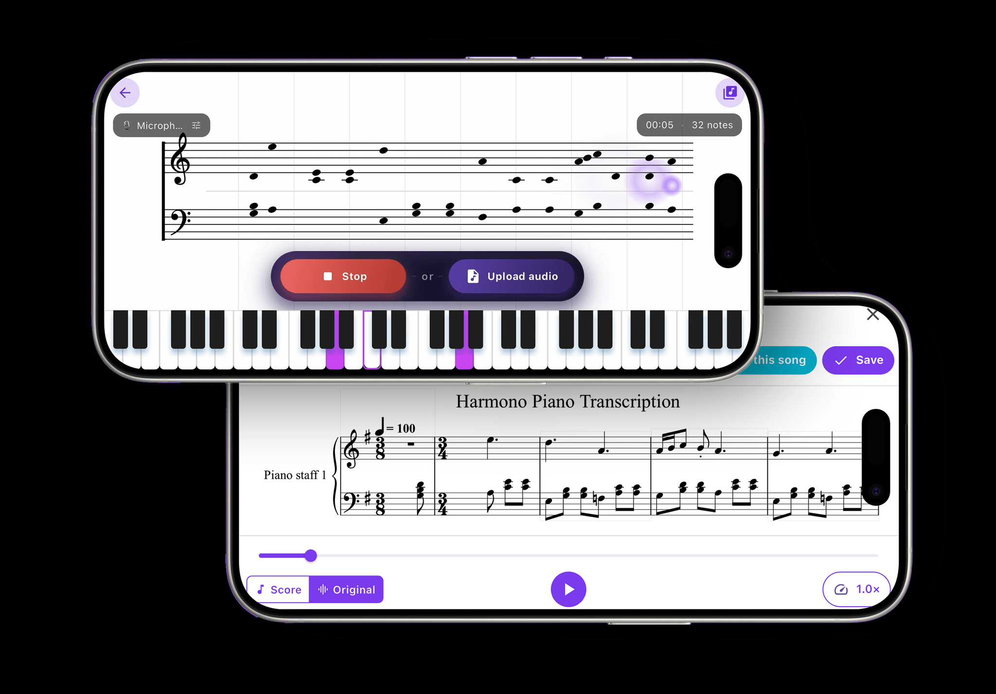 Audio being transcribed into piano sheet music in real time