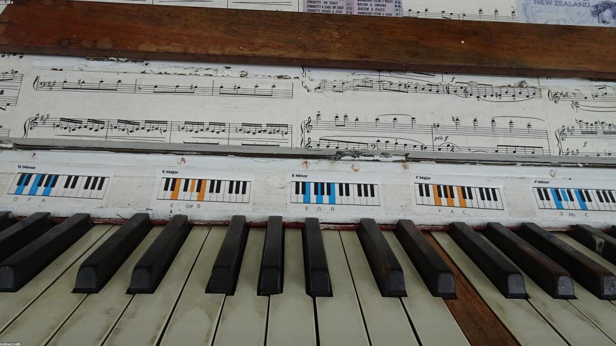 A person teaching themselves piano at home